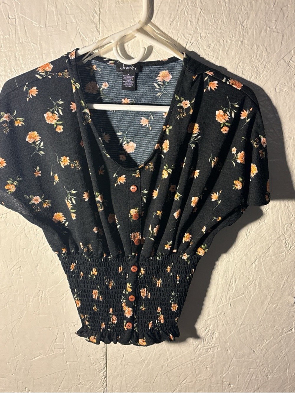 Justify NWOT Black Floral Button-Front Smocked Waist Blouse